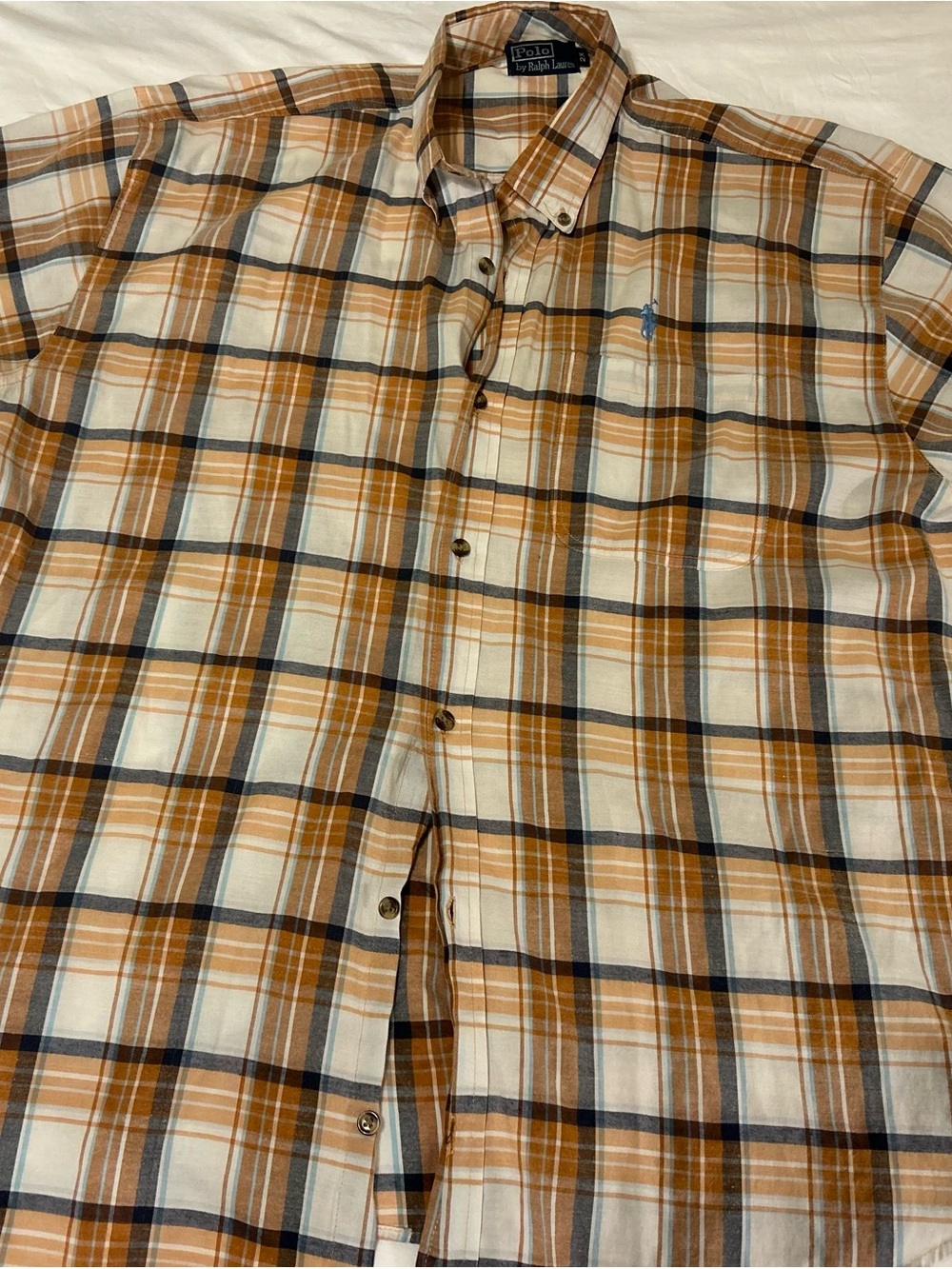 Polo Ralph Lauren Men’s 2XL Plaid Short Sleeve Button Down Shirt Tan Navy